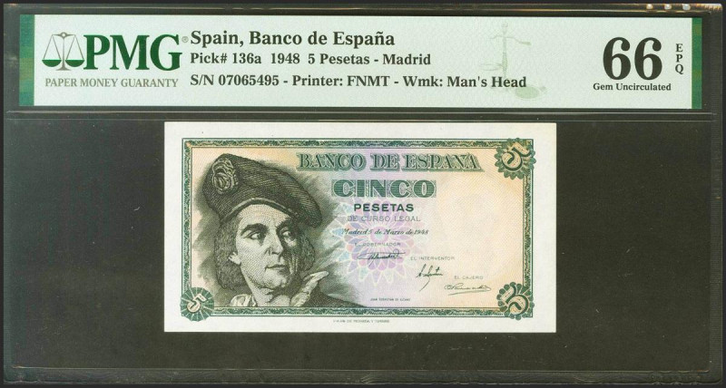 5 Pesetas. 15 de Marzo de 1948. Sin serie. (Edifil 2021: 455, Pick: 136a). Apres...