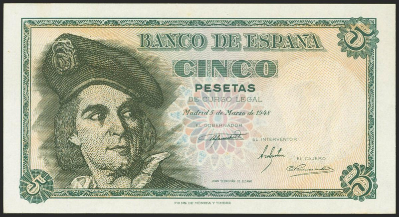 5 Pesetas. 5 de Marzo de 1948. Serie A. (Edifil 2021: 455a). Apresto original. S...