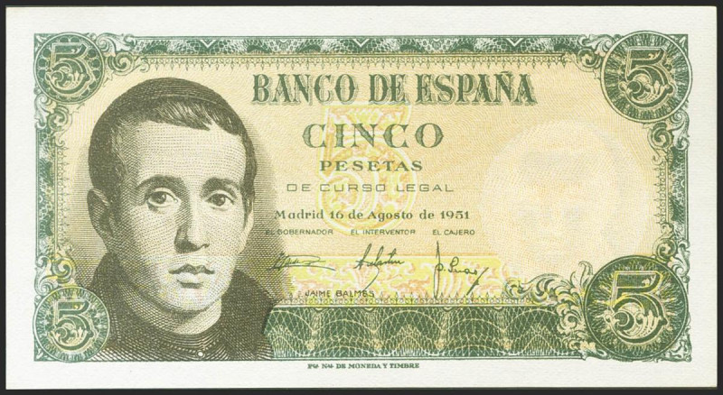 5 Pesetas. 16 de Agosto de 1951. Serie 1A. (Edifil 2021: 459a). Apresto original...