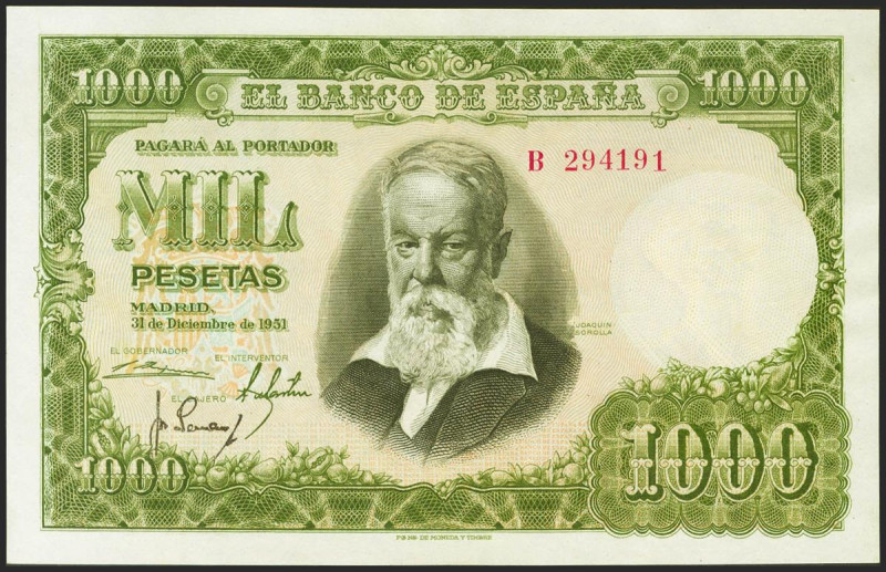 1000 Pesetas. 31 de Diciembre de 1951. Serie B. (Edifil 2021: 463a). Conserva pa...