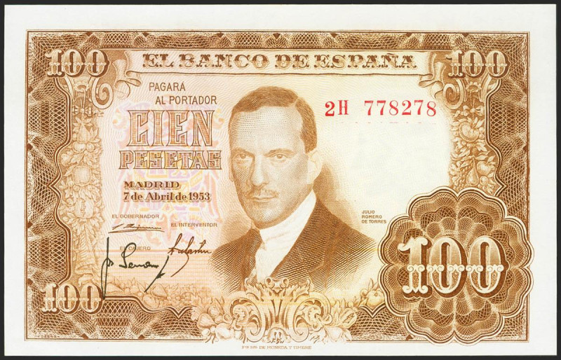 100 Pesetas. 7 de Abril de 1953. Serie 2H. (Edifil 2021: 464c). Apresto original...