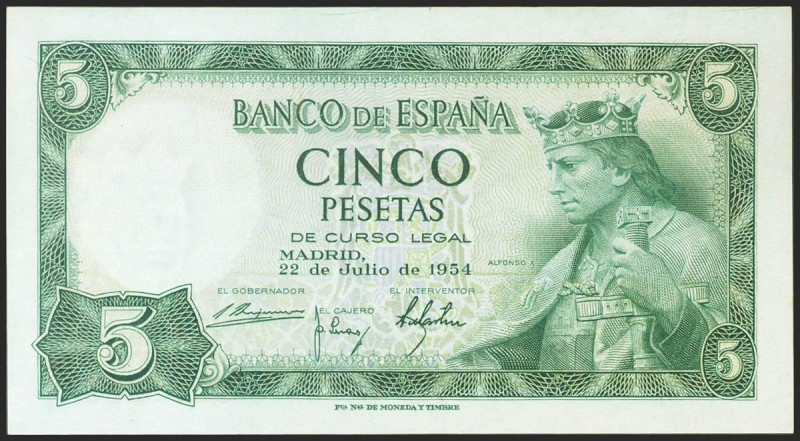 5 Pesetas. 22 de Julio de 1954. Sin serie. (Edifil 2021: 466). Conserva todo su ...