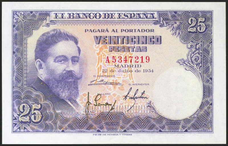 25 Pesetas. 22 de Julio de 1954. Serie A. (Edifil 2021: 467a). Conserva gran par...