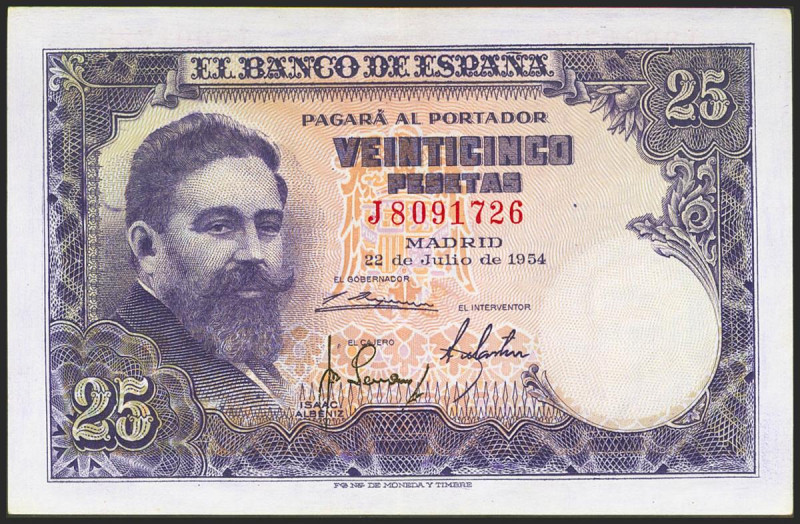 25 Pesetas. 22 de Julio de 1954. Serie J. (Edifil 2021: 467a). Conserva todo su ...