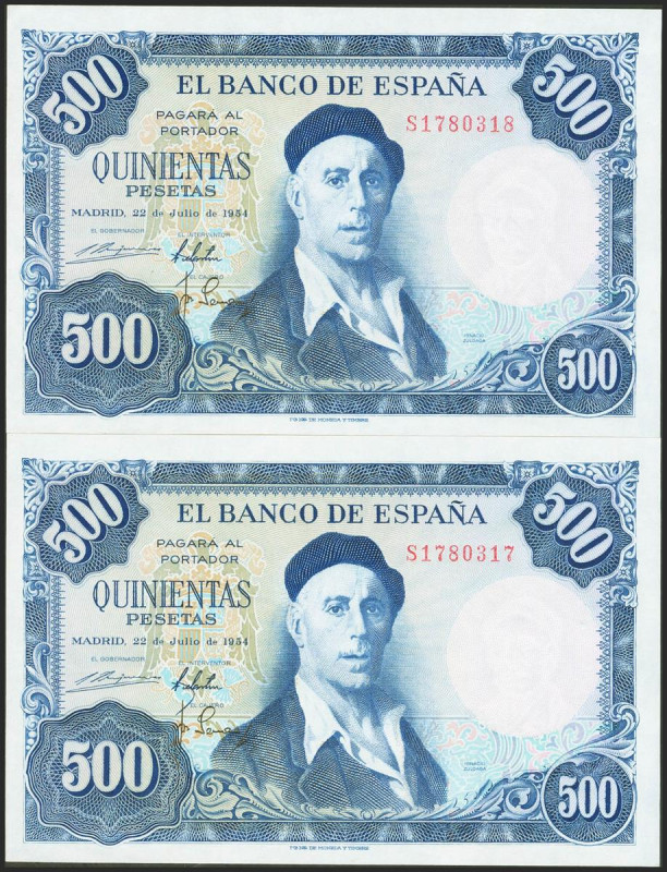 500 Pesetas. 22 de Julio de 1954. Pareja correlativa. Serie S. (Edifil 2021: 468...