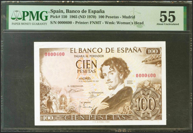 100 Pesetas. 19 de Noviembre de 1965. Sin serie y numeración bajísima e interesa...