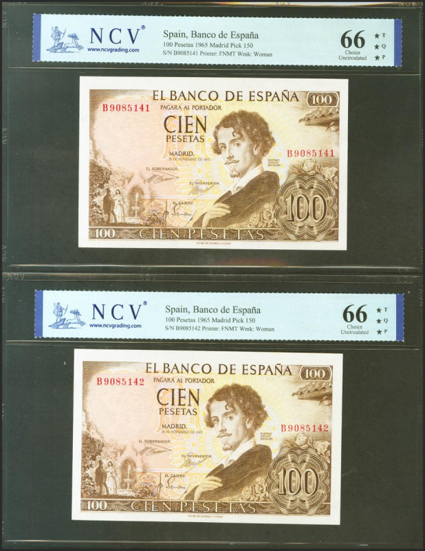 100 Pesetas. 19 de Noviembre de 1965. Pareja correlativa. Serie B. (Edifil 2021:...