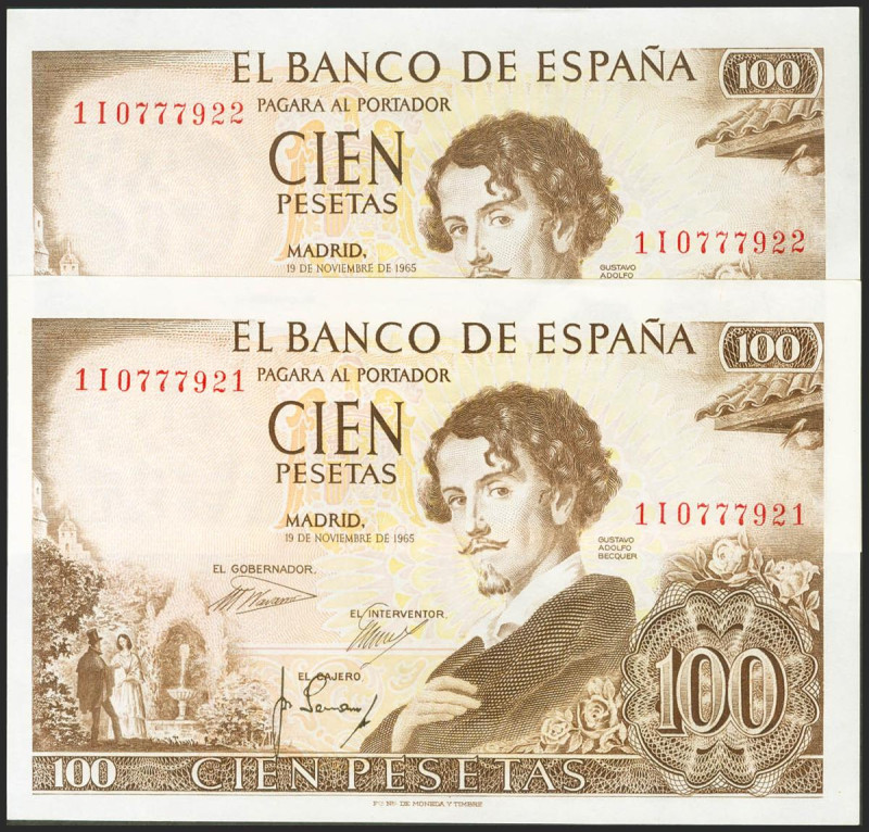 100 Pesetas. 19 de Noviembre de 1965. Pareja correlativa. Serie 1I. (Edifil 2021...