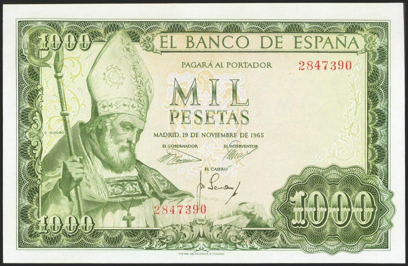 1000 Pesetas. 19 de Noviembre de 1965. Sin serie. (Edifil 2021: 471). Conserva p...