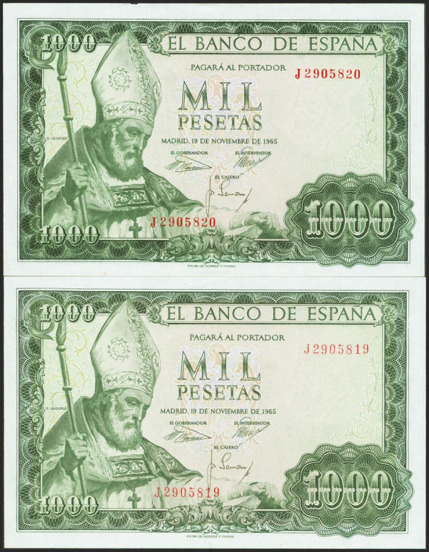 1000 Pesetas. 19 de Noviembre de 1965. Pareja correlativa. Serie J y con la curi...