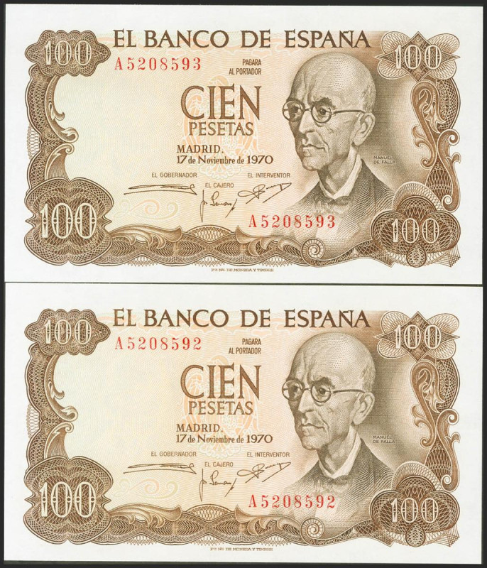 100 Pesetas. 17 de Noviembre de 1970. Pareja correlativa. Serie A. (Edifil 2017:...