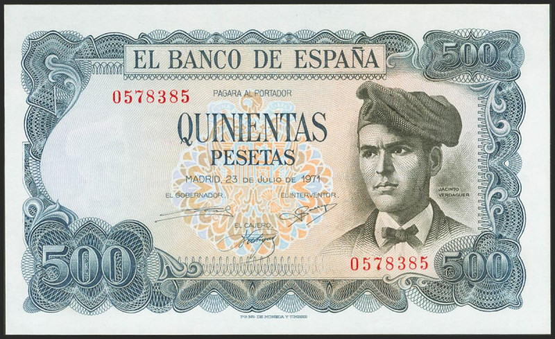 500 Pesetas. 23 de Julio de 1971. Sin serie. (Edifil 2021: 473). Apresto origina...