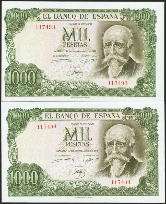 1000 Pesetas. 17 de Septiembre de 1971. Pareja correlativa. Sin serie. (Edifil 2...