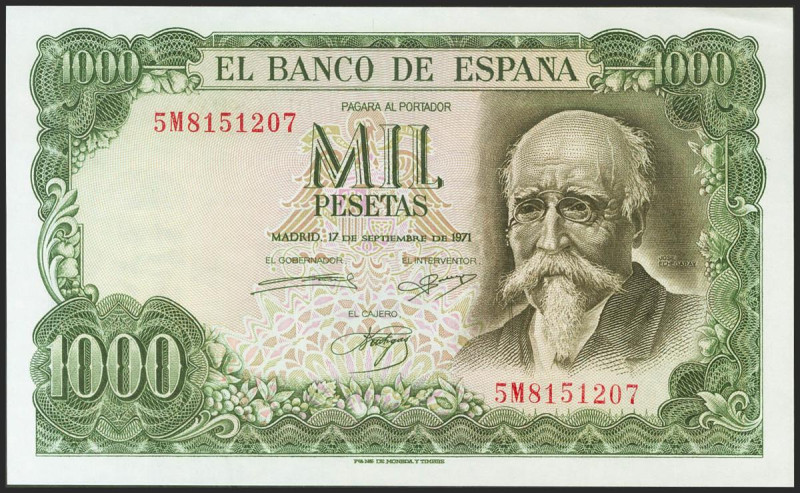 1000 Pesetas. 17 de Septiembre de 1971. Serie 5M. (Edifil 2021: 474c). Conserva ...