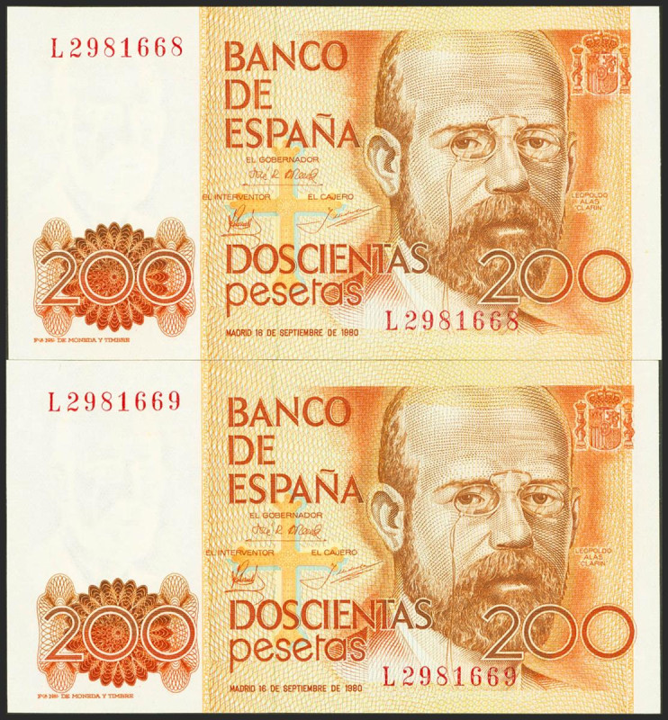 200 Pesetas. 16 de Septiembre de 1980. Pareja correlativa. Serie L. (Edifil 2021...