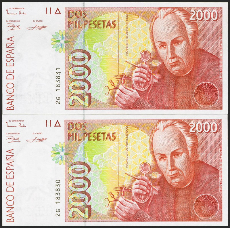 2000 Pesetas. 24 de Abril de 1992. Pareja correlativa. Serie 2G. (Edifil 2021: 4...