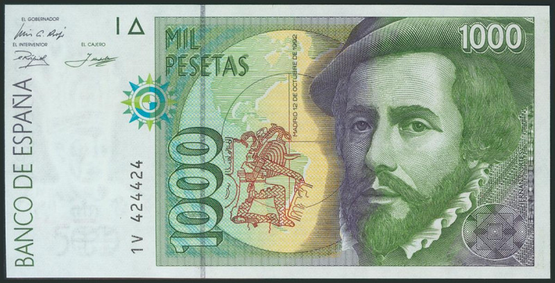 1000 Pesetas. 12 de Octubre de 1992. Tipo II. Serie 1V y numeración capicúa. (Ed...