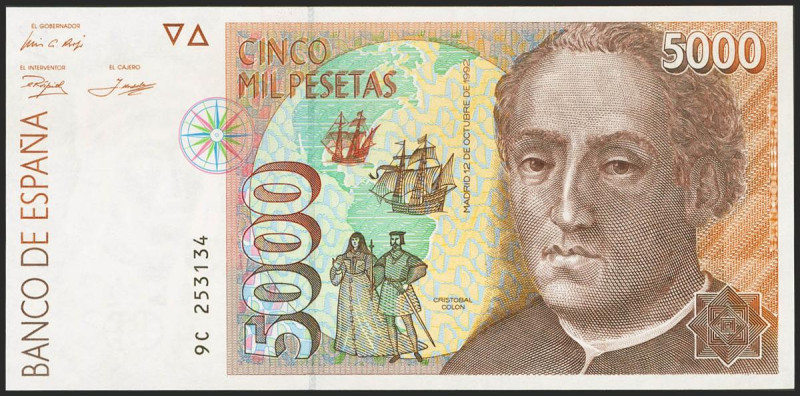 5000 Pesetas. 12 de Octubre de 1992. Serie especial 9C. (Edifil 2021: 484b). Ond...