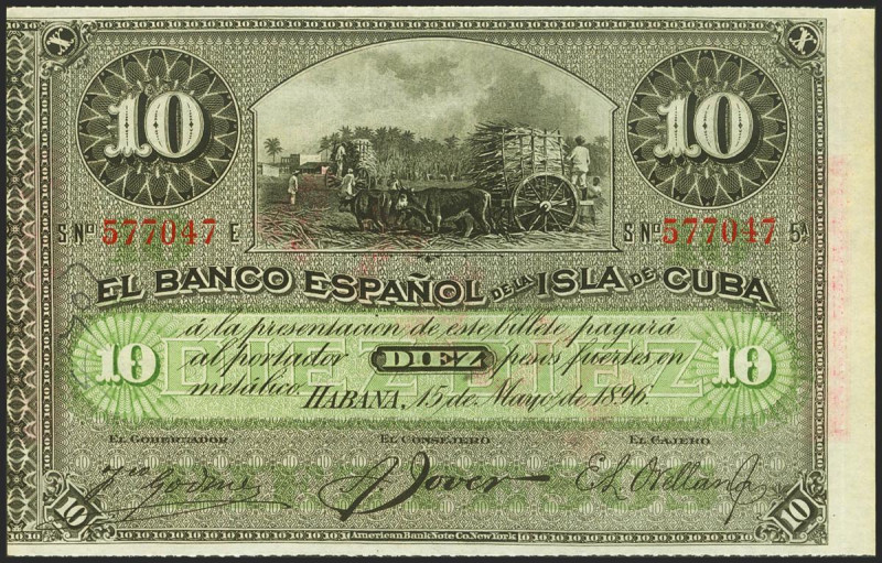 BANCO ESPAÑOL DE LA ISLA DE CUBA. 10 Pesos. 15 de Mayo de 1896. Serie E y con la...