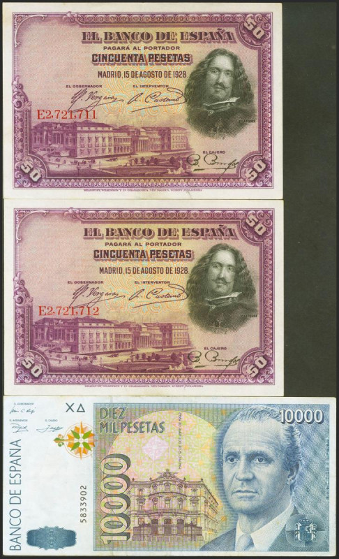 Conjunto de tres billetes dos de ellos pareja correlativa del 50 Pesetas, emitid...