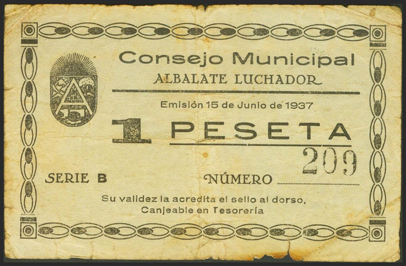 ALBALATE LUCHADOR (TERUEL). 1 Peseta. 15 de Julio de 1937. Serie B. (González: 1...