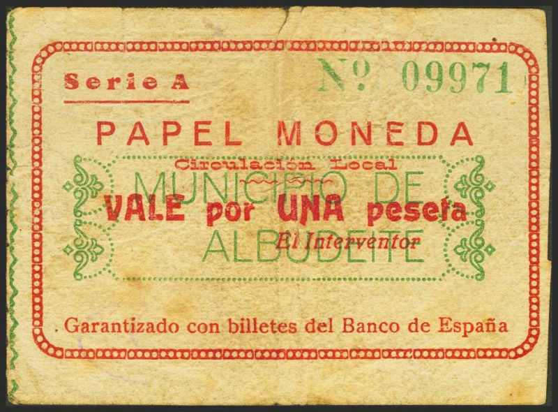 ALBUDEITE (MURCIA). 1 Peseta. (1937ca). Serie A. (González: 244). Raro. MBC-.