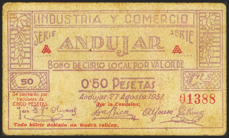 ANDUJAR (JAEN). 50 Céntimos. 27 de Agosto de 1937. Serie A. (González: 696). EBC...