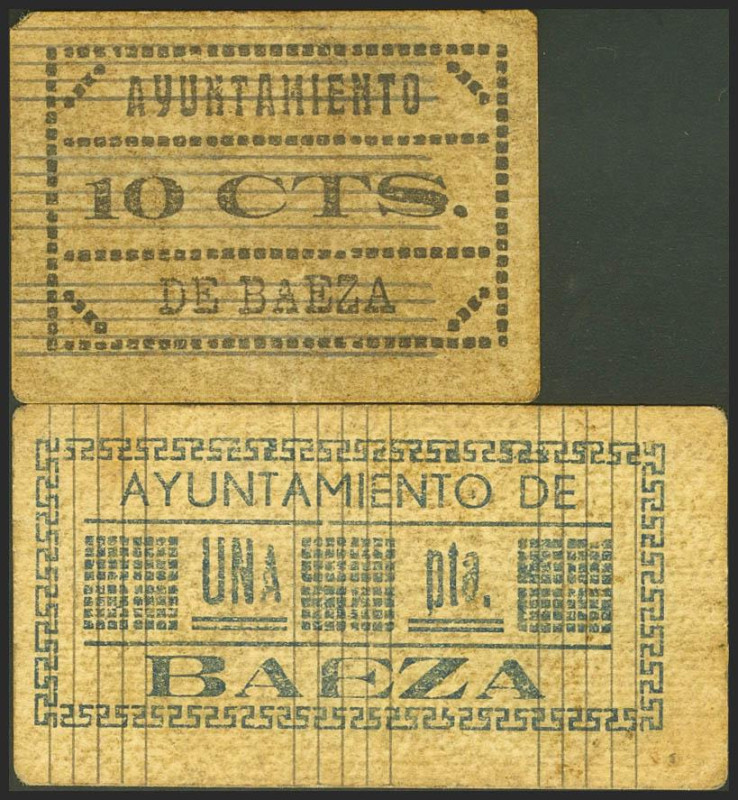 BAEZA (JAEN). 10 Céntimos y 1 Peseta. (1937ca). Sin serie y serie D, respectivam...