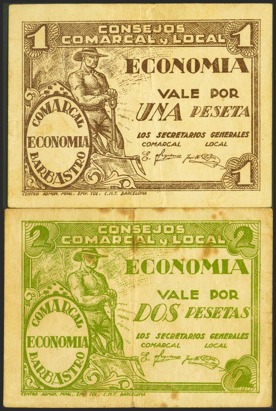 BARBASTRO (HUESCA). 1 Peseta y 2 Pesetas. (González: 883/84). Serie completa. MB...