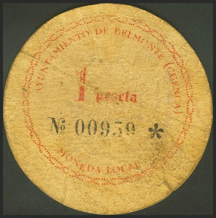 BELMONTE (CUENCA). 1 Peseta. (1937ca). (González: 966). Raro. MBC.