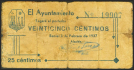 BENIEL (MURCIA). 25 Céntimos. 8 de Febrero de 1937. (González: 1096). Raro. BC.