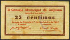 CRIPTANA (CIUDAD REAL). 25 Céntimos. 1 de Junio de 1937. Serie A. (González: 2096). MBC-.
