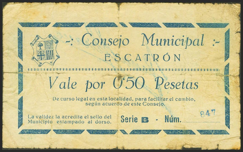 ESCATRON (ZARAGOZA). 50 Céntimos. (1937ca). Serie B. (González: 2317). Presencia...