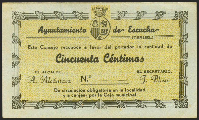 ESCUCHA (TERUEL). 50 Céntimos. 29 de Agosto de 1937. Sin numeración. (González: ...