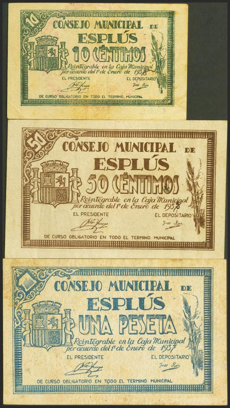 ESPLUS (HUESCA). 10 Céntimos, 50 Céntimos y 1 Peseta. 1 de Enero de 1938. (Gonzá...