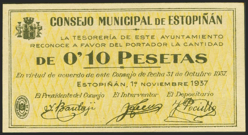 ESTOPIÑAN (HUESCA). 10 Céntimos. 1 de Noviembre de 1937. (González: 2382). Muy r...