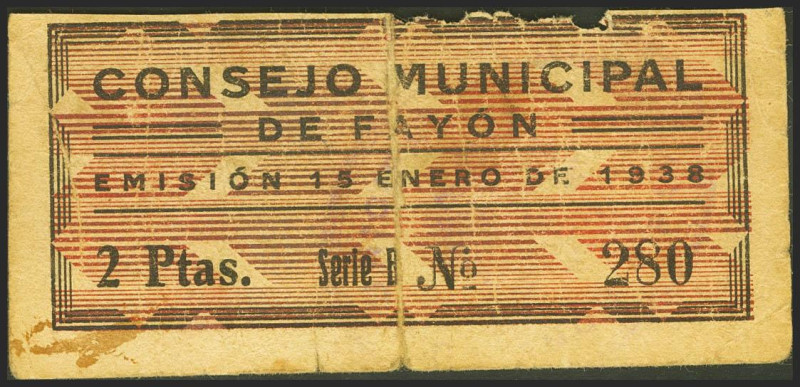 FAYON (ZARAGOZA). 2 Pesetas. 15 de Enero de 1938. Serie B. (González: 2426). Muy...