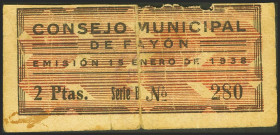 FAYON (ZARAGOZA). 2 Pesetas. 15 de Enero de 1938. Serie B. (González: 2426). Muy raro. RC.