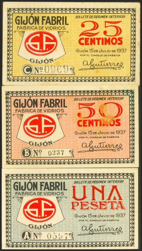 GIJON (ASTURIAS). 25 Céntimos, 50 Céntimos y 1 Peseta. 15 de Julio de 1937. Seri...