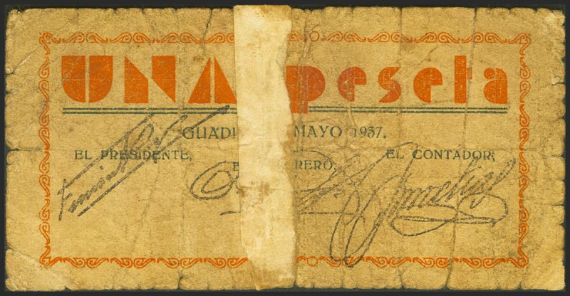 GUADIX (GRANADA). 1 Peseta. 1 de Mayo de 1937. (González: 2769). Raro, presencia...