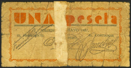 GUADIX (GRANADA). 1 Peseta. 1 de Mayo de 1937. (González: 2769). Raro, presencia de cinta adhesiva. RC.
