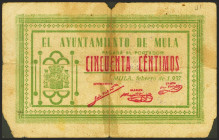 MULA (MURCIA). 50 Céntimos. Febrero 1937. Serie A. (González: 3755). Raro. RC.