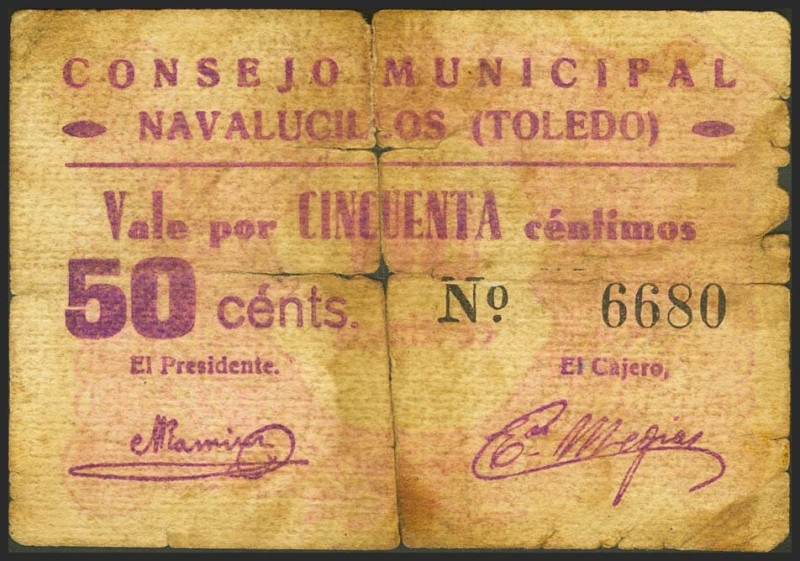 NAVALUCILLOS (TOLEDO). 50 Céntimos. (1937ca). (González: 3820). Muy raro, con pr...