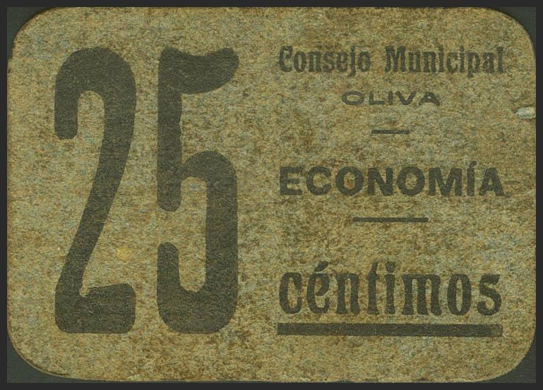 OLIVA (VALENCIA). 25 Céntimos. (1937ca). (González: 3848). Raro. EBC-.