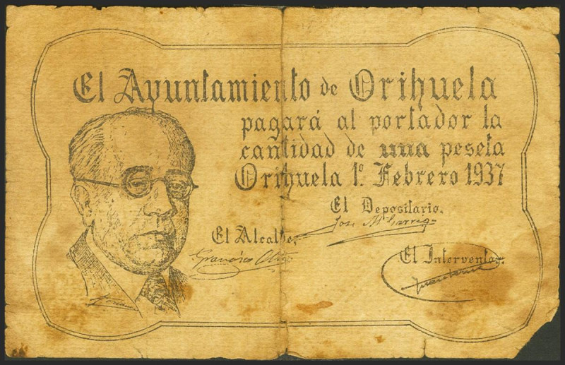 ORIHUELA (ALICANTE). 1 Peseta. 1 de Febrero de 1937. Serie 6. (González: 3991). ...