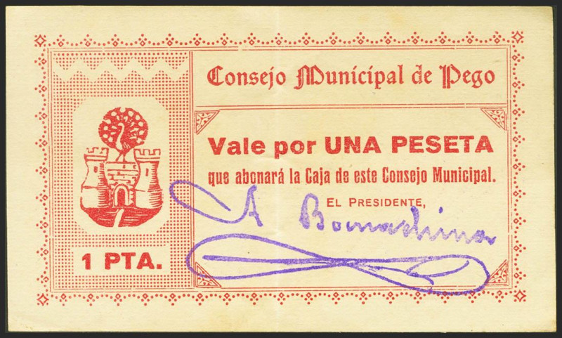 PEGO (ALICANTE). 1 Peseta. Agosto 1937. (González: 4123). Raro. EBC.