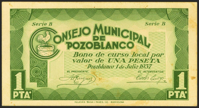 POZOBLANCO (CORDOBA). 1 Peseta. 1 de Julio de 1937. Serie B. (González: 4287). E...