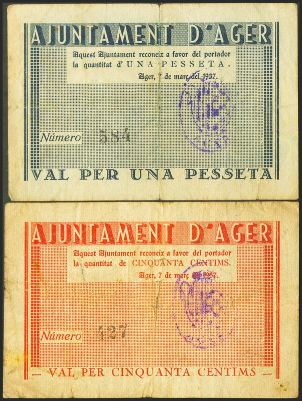 AGER (LERIDA). 50 Céntimos y 1 Peseta. 7 de Marzo de 1937. (González: 6010/11). ...