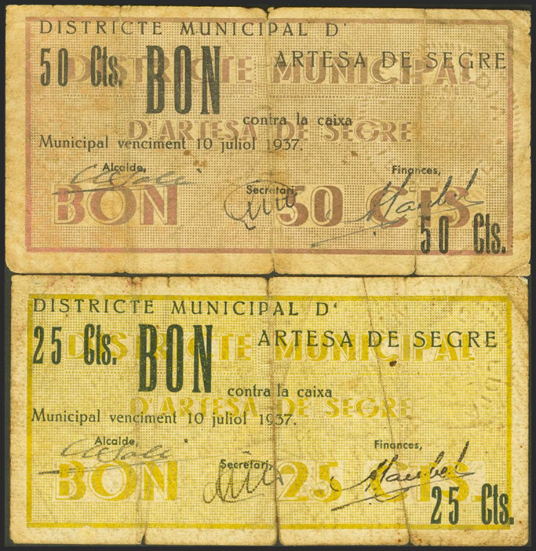 ARTESA DE SEGRE (LERIDA). 25 Céntimos y 50 Céntimos. 10 de Enero de 1937. (Gonzá...