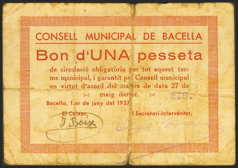 BACELLA (LERIDA). 1 Peseta. 1 de Junio de 1937. (González: 6456). Muy raro. BC.